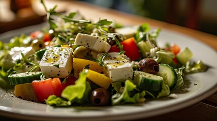 Colorful Greek Salad with Feta Cheese and Olives on a Decorative Plate in a Rustic Kitchen - obrazy, fototapety, plakaty