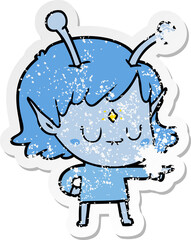 distressed sticker of a cartoon alien girl