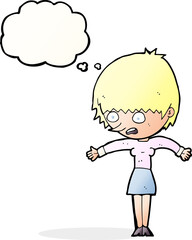 cartoon woman panicking with thought bubble