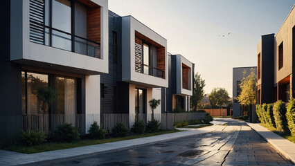 Street with modern modular private townhouses. Appearance of residential architecture - obrazy, fototapety, plakaty