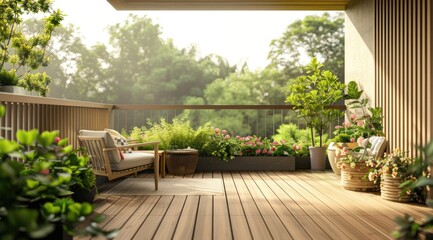 Beautiful of modern terrace with deck flooring and fence, green potted flowers plants and outdoors furniture. - obrazy, fototapety, plakaty