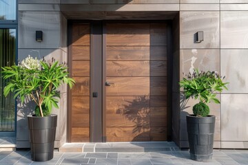 Fototapeta na wymiar Brown Front door with plants, Facade of a modern building with modern door.