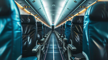 Close-up of a row of leather seats in an airplane cabin. Business trip concept. Generative AI - obrazy, fototapety, plakaty