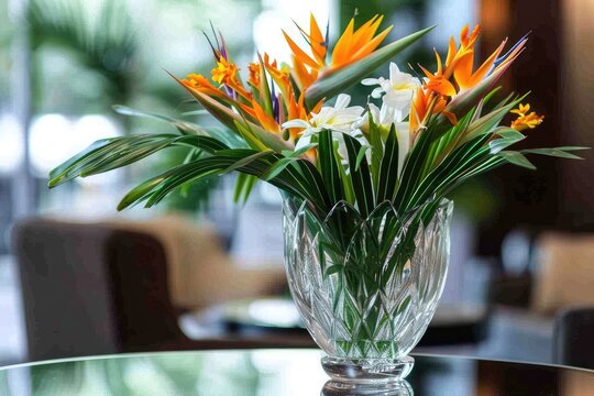 Beautiful bird of paradise flower arrangement in a crystal vase