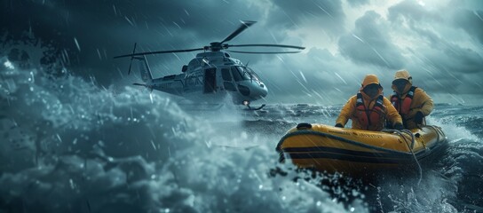 Rescuer sea danger storm helicopter - obrazy, fototapety, plakaty