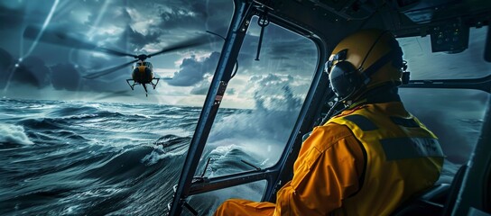 Rescuer sea danger storm helicopter - obrazy, fototapety, plakaty
