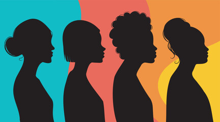Vector black female silhouettes with different hairstyles and shapes. Women in profile on a bright colored background