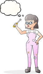 freehand drawn thought bubble cartoon female mechanic