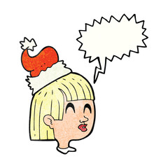 freehand drawn texture speech bubble cartoon girl wearing christmas hat