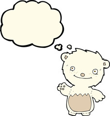 cartoon waving polar bear cub with thought bubble