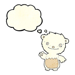 cartoon waving polar bear cub with thought bubble