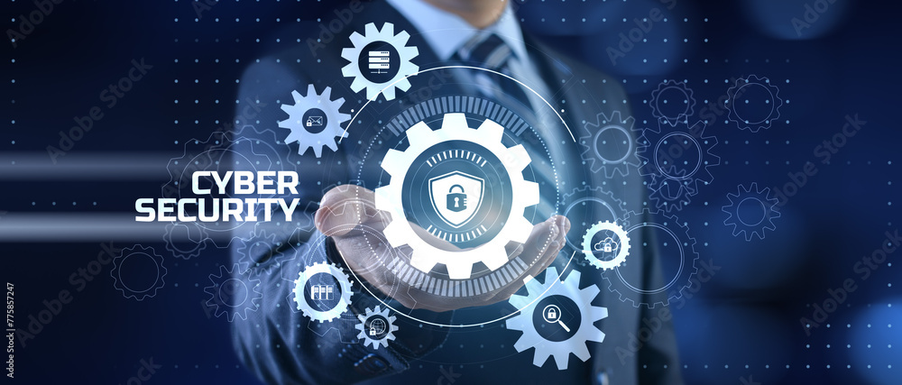 Poster cyber security access control data protection personal information privacy concept. businessman pres