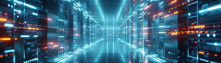 Data Center Server room. Futuristic network technology background