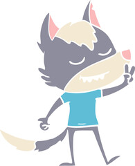 friendly flat color style cartoon wolf making peace sign