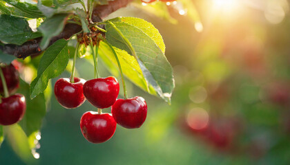 Close-up of ripe red cherries growing on branch with green leaves. Garden fruit tree.