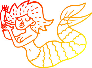 warm gradient line drawing of a cartoon woman mermaid