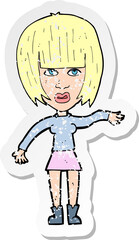 retro distressed sticker of a cartoon woman waving away