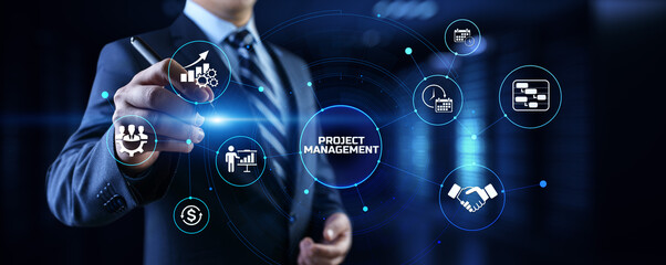 Project management business corporate technology. Businessman pressing button on screen.