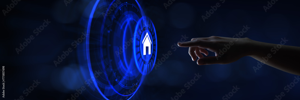 Poster smart home automation wireless control iot internet of things concept. hand pressing button.