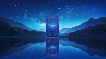 Mystical Tarot Card Reflection Under Starry Sky - obrazy, fototapety, plakaty