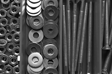 Black Set Box For Arranging Hex Nuts, Screw Bolts And Iron Washers Stock Photo For Mechanical Backgrounds
