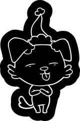 quirky cartoon icon of a dog sticking out tongue wearing santa hat