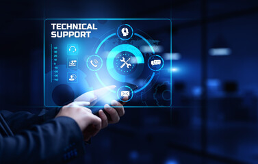 Technical support customer service concept. Businessman pressing button on screen.