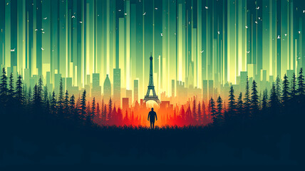 A man stands in a forest with a tall tower in the background. The image has a dreamy, surreal quality to it, with the man appearing to be in a different world