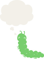 cartoon caterpillar with thought bubble in retro style