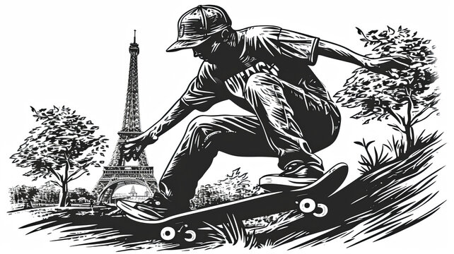 A man is skateboarding down a hill with the Eiffel Tower in the background. The image has a vintage feel to it, and the man's skateboard is the main focus of the scene