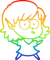 rainbow gradient line drawing of a cartoon elf girl staring
