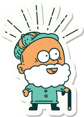 sticker of a tattoo style happy old man with walking stick