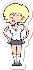 sticker of a cartoon surprised woman with hands on hips