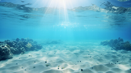 Crystal Clear Underwater Ocean View with Sunlight and Sand - obrazy, fototapety, plakaty