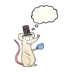 freehand drawn thought bubble textured cartoon mouse with teacup