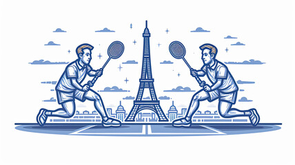 Two men playing tennis in front of the Eiffel Tower. The image has a playful and energetic mood