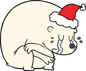 crying hand drawn line drawing of a polar bear wearing santa hat