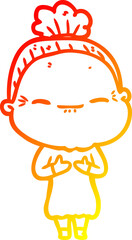 warm gradient line drawing of a cartoon peaceful old woman