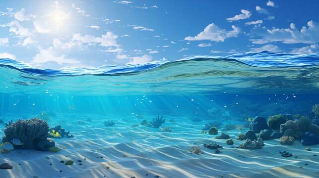 Underwater Ocean Scene with Corals and Sunlight Reflection
