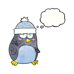 freehand drawn thought bubble textured cartoon penguin