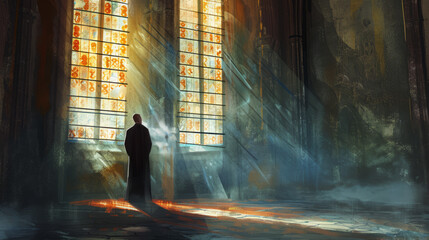 Within a grand and abandoned cathedral, a solitary figure contemplates the vibrant light casting through an immense stained glass window