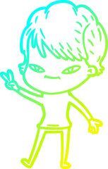 cold gradient line drawing of a cartoon happy woman