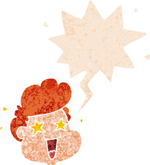 cartoon boy's face with speech bubble in grunge distressed retro textured style