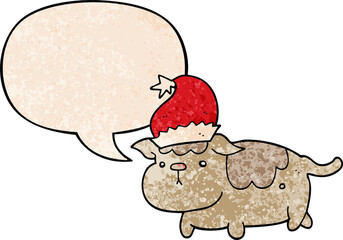 cute christmas dog with speech bubble in retro texture style
