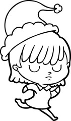 hand drawn line drawing of a woman wearing santa hat