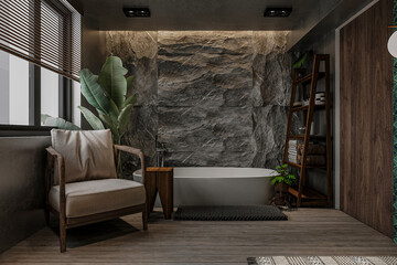 Designer bathroom, luxurious marble tiles bathroom with natural plants and freestanding bathtub