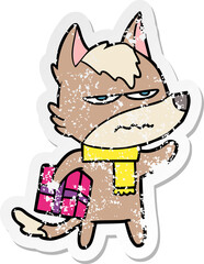 distressed sticker of a cartoon annoyed wolf