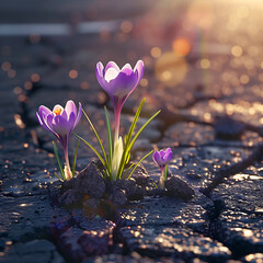Crocus flowers breaking through dark cracked asphalt, backlit by the sun	