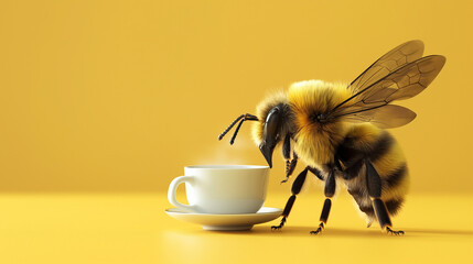 Fleißbiene Hummel trinkt Kaffee braucht Koffein zum Start in den Tag freigestellt isoliert mit gelben einfarbigen Hintergrund Generative AI - obrazy, fototapety, plakaty