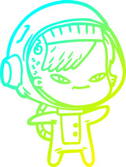 cold gradient line drawing of a cartoon astronaut woman